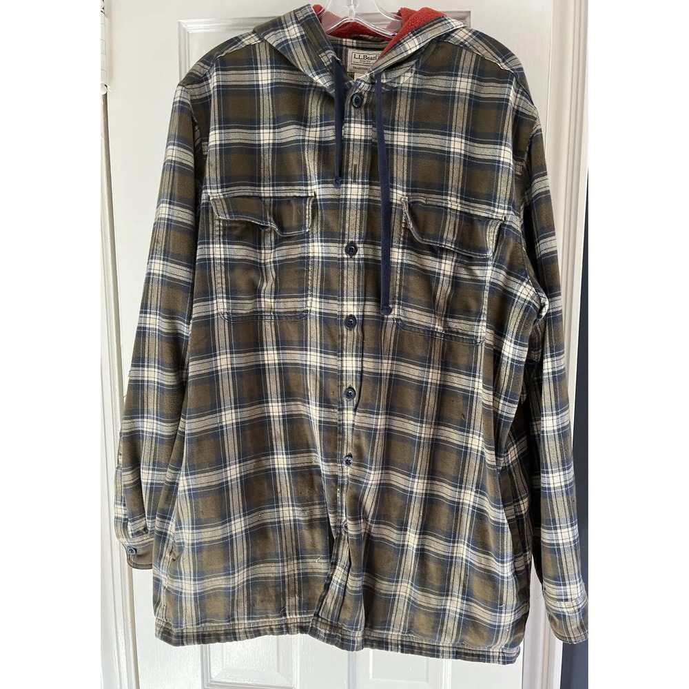 L.L. Bean Fleece Lined Flannel Men's L-olive Green Plaid Heavy Shirt